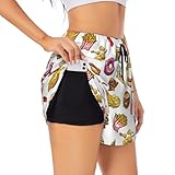 VOSERY - Pantalones cortos para correr para mujer, lindos alimentos con salsa de tomate, patatas fritas, salón, entrenamiento, gimnasio, yoga, pantalones cortos con bolsillos forro, Negro -, L