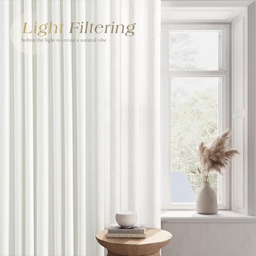 Image of Off White Linen Curtains 84 inch Length for Living Room 2 Panels Set Soft Thick Textured Grommet Semi Sheer Light Filtering Window Curtain Burlap Look Rustic Farmhouse Home Privacy Drapes 52x84