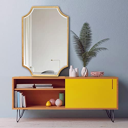 Kelly Miller 20"x28" Metal Gold Beveled Wall Mirror, Scalloped Mirror for Entrance, Hallway, Bedroom, Bathroom & Living Room
