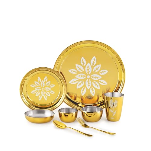 Image of iRiN by Dr.WaterR Parivar Stainless Steel Designer Dinner Set Gold PVD | Kitchen Set | Ideal for Home | Restaurant | Gifting | Wedding | Bowls, Plate, Glass, Spoon, Fork (Pack of 8pcs - for 1Person)