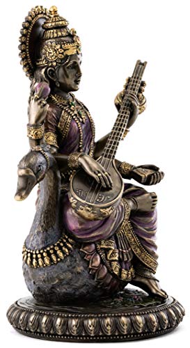 Estatua Saraswati Sentada en Cisne de Bronce 8.5 Pulgadas miniatura 4