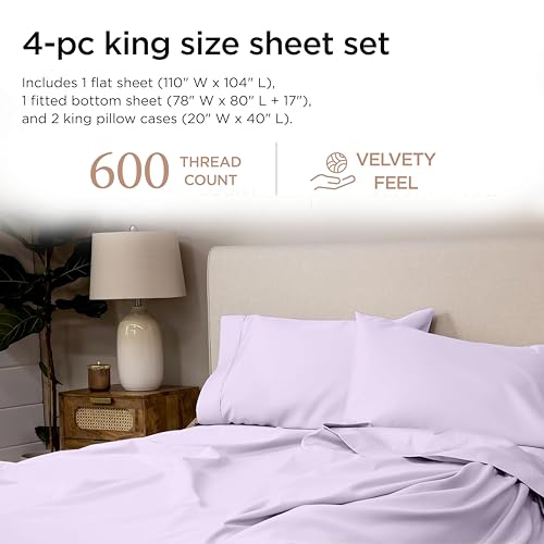 Image of Threadmill King Size Sheets | 600 Thread Count King Bed Sheets Set for King Mattress 16 inch Deep Pocket | Sateen Weave 4-Piece Bedding Set with Cooling Effect | Lilac