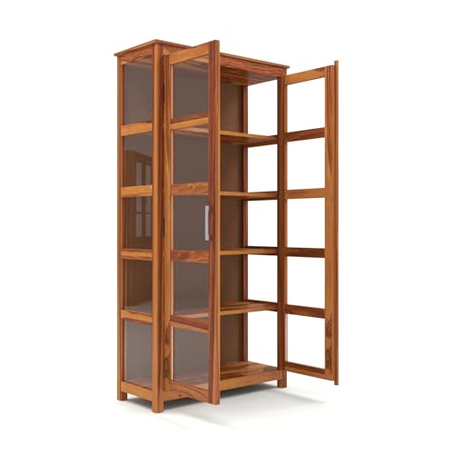 Image of Ekdantix FurnitureSolid Wood Bookshelf with Acrylic Glass Doors | Wooden Display Cabinet for Living Room | Multipurpose Storage Almirah for Books, Decor & Office Use (Honey Finish)