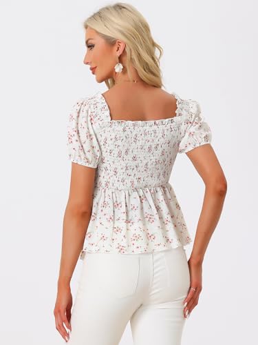 Allegra K Puff Short Sleeve Floral Blouse for Women's Sweetheart Neck Shirred Ruffle Peplum Top3