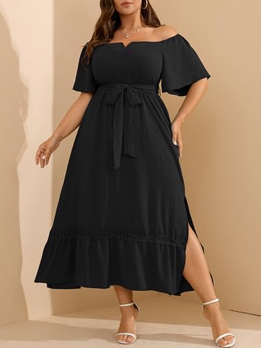 RWJ Women's Plus Size Dress for Cocktail Wedding Guest Formal V Neck Off The Shoulder Maxi Dress with Belt3