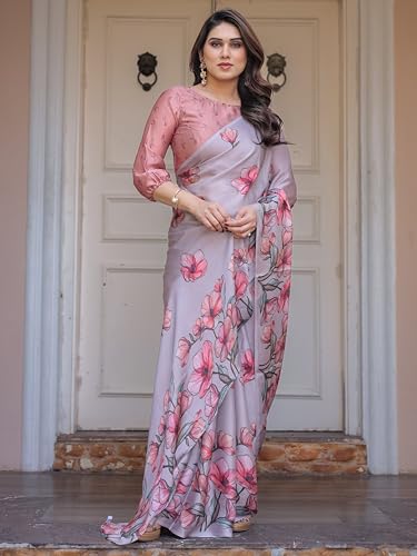 Image of ALMAARI FASHION Women's Floral Printed Georgette Satin Saree with Unstitched Blouse Piece | Traditional Ethnic Wear Sarees | Soft Lightweight Ethnic Office Wear Daily Wear Indian Sari (SG 161-170 H)
