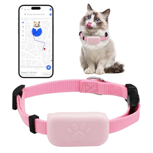 Cat Tracker Pink, Pet Recorder for Cats with No Monthly Fees, Waterproof Logger GPS Collar for Pets, GPS Tracker Collar for Small Cats,Portable Anti Lost for Apple Find (iOS Only) Adjust 28-39cm
