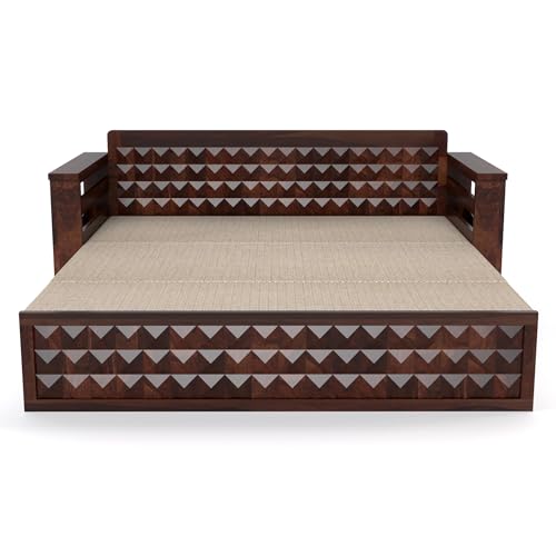 Image of Mamta Furniture Solid Sheesham Wood Sofa Set 3 Seater Furniture Wooden 3 Seater Sofa Cums Bed for Home Living Room with Cushions (Walnut with Cream, 3 Seater Design 1)