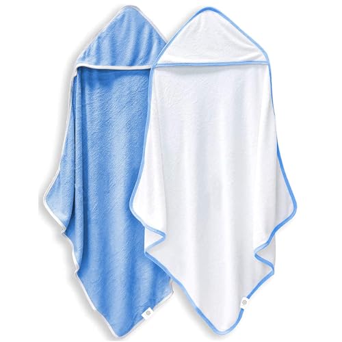 Image of 2 Pack Baby Bath Towel - Rayon Made from Bamboo, Ultra Soft Hooded Towels for Babies,Toddler,Infant - Newborn Essential -Perfect Baby Registry Gifts for Boy Girl (White and Navy Blue, 30 x 30 Inch)