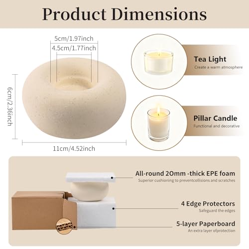 Tea Light Candle Holders, Tealight Candle Holder, Larger Ceramic Boho Votive Candleholders in Beige, Farmhouse Rustic Home Table Centerpiece Decor for Wedding, Living Room, Christmas, Parties - Image 3