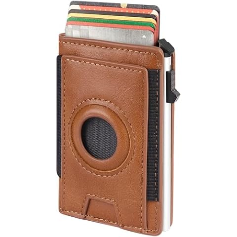 VIIVY VIYIV Airtag Wallet for Men, Mens Wallet Minimalist Slim Air Tag Wallet, RFID Blocking Smart Pop Up Wallet with Money Clip, Metal Card Holder Wallet with Magnet Closure, Brown Cover
