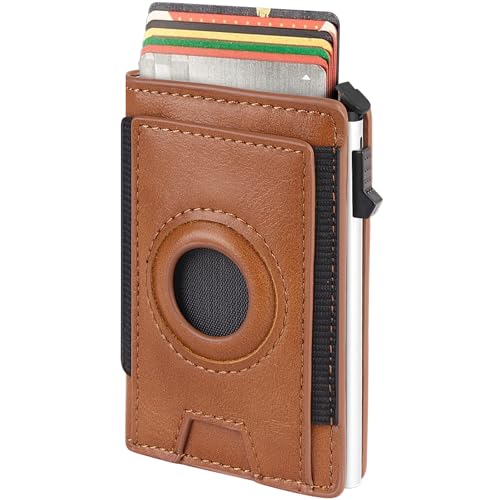Airtag Wallet for Men, Mens Wallet Minimalist Slim Air Tag Wallet, RFID Blocking Smart Pop Up Wallet with Money Clip, Metal Card Holder Wallet with Magnet Closure, Brown