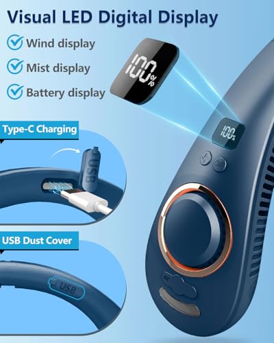 Image of Personal Neck Fans Mister with Water Spray, 4000mAh 4-9H Lasting, Mini Foldable Leafless AC for Neck Face Shoulder, LED Cordless Hanging Wearable Headphone Fan for Kid Adult Worker Hot Weather, Blue