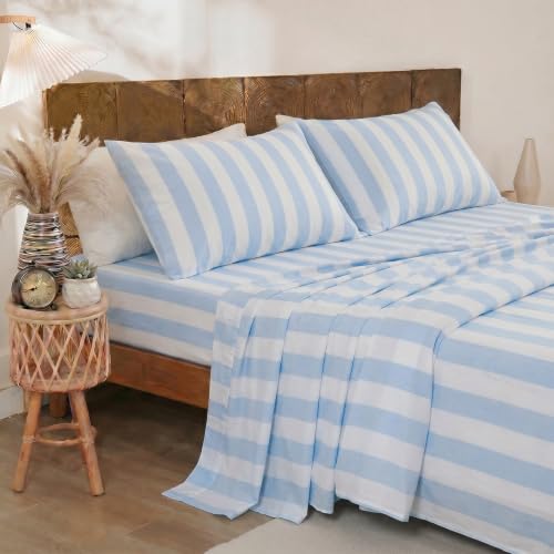 Image of Merryword Blue and White Striped Sheet Set Queen Size - 100% Cotton Striped Bedding 4 Pieces, Soft Breathable Percale Weave, 17.5 inch Deep Pocket, Luxury Linen Like, All Season Comfort