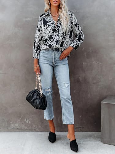 Blouses for Women Aesthetic Button Down Shirts Long Sleeve Dressy Casual Floral Tops Fall Outfits for Women 2025 Trendy - Black White Floral L4