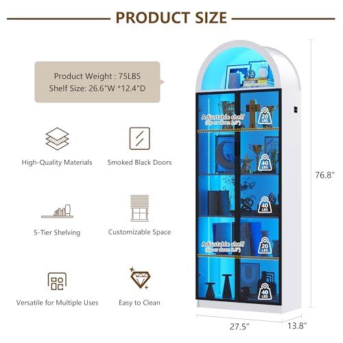 Display Cabinet with Doors and Adjustable Shelves, 76" Tall Display Case with LED Lights/Arch Storage Space, 6 Tier Bookcase for Collectibles Bedroom Living Room Office, White