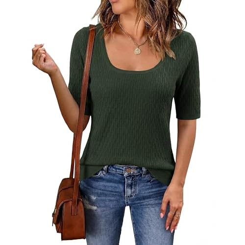 Totatuit Womens Short Sleeve Sweaters Square Neck Tops 2026 Trendy Textured Knitted Business Casual Pullover Sweater Army Green X-Large