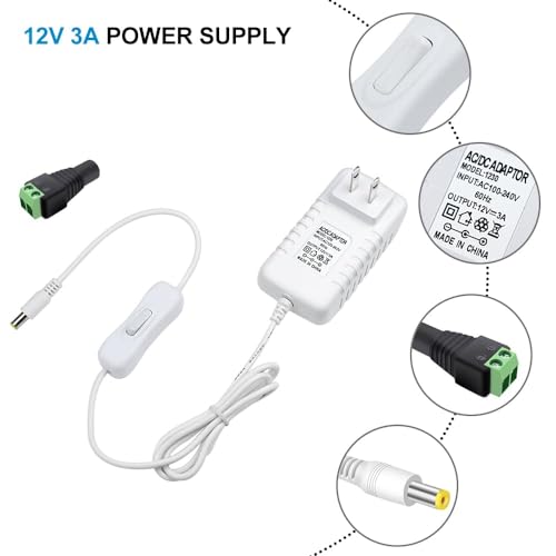 Image of 12V Power Supply, 12 Volt 3A 36W DC Power Supply with On Off Switch, White Switching LED Power Adapter, AC 110V to 12V Transformer Plug for LED Strip Lights with 5.5 /2.1 DC Female Connector, 3 Pack