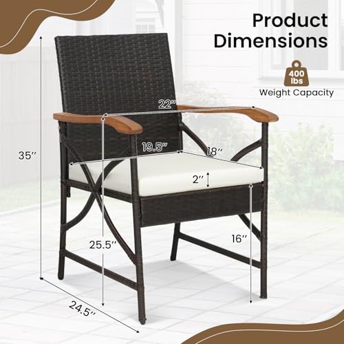 COSTWAY Patio Wicker Dining Chairs Set of 2, Outdoor Rattan Chairs with Backrest, Curved Acacia Wood Armrest & Cushions, All Weather Dining Chair for Lawn, Garden, Yard and Poolside