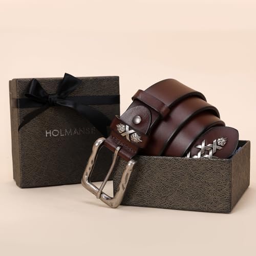 Image of Mens Casual Jean Belt Full Grain Leather Heavy Duty Punk Western Cowboy Belt 7 Holes Gift Box Packaging