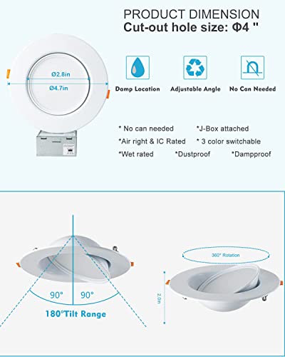 Lightdot Led Recessed Lighting 4 Inch, Dimmable Led Can Light With 3000K/4000K/5000K Switchable, Can-Killer Led Downlight Light Fixtures Cri90 900Lm (100W Eqv.) Brightness-Ic Rate (4Pack 07 Two) #TOP3