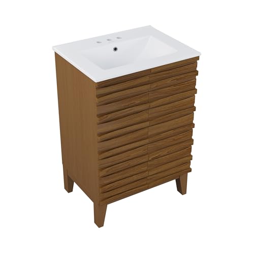 Image of Swiss Madison Cascade 24 in. Brown Oak Bathroom Vanity with White, 3-Hole Ceramic Sink Top
