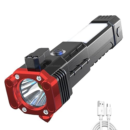 Image of Torch Light Rechargeable Flashlight, Long Distance Beam Range Car Torch with Hammer, Window Glass and Seat Belt Cutter, Built-in USB Fast Charger Power Bank
