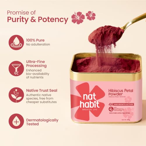 Image of Nat Habit 100% Pure Hibiscus Powder (100g) | Hibiscus Rosa-Sinensis | 4X Hair Growth Actives with Nutri-Preserve Technology | Ultra Fine Gudhal Petal Powder for Hair Pack & Face Pack
