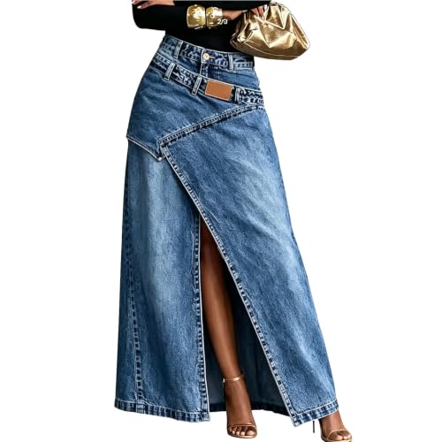 Bauzuoyo Jupe en jean Y2K vintage longue en jean avec fente asymétrique - Jupe mi-longue en denim - Coupe trapèze - Taille haute - Jupe longue décontractée - Streetwear, A Bu2, L
