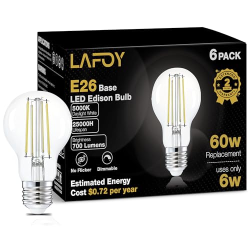 Lafoy A19 Daylight Edison Bulbs, Dimmable E26 LED 60 Watt Equivalent 6 Pack