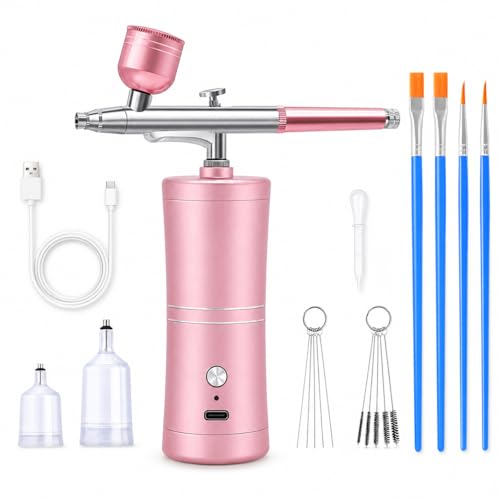 VOBOR Aerographe Kit Complet avec Compresseur, Portable Sans Fil Rechargeable Airbrush, our Maquillage, Modelisme Peinture, Décoration de Gâteaux, Art Des Ongles, Tatouage (Rose)