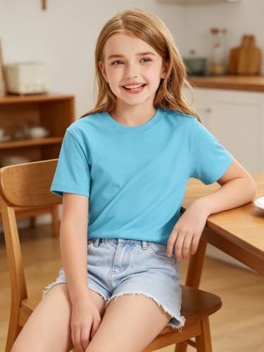 Image of HOTIAN Girls T Shirts 100% Cotton Short Sleeve Tops Kids Summer Casual Crewneck Basic Tees 3-14 Years