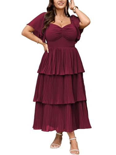 SCOMCHIC Womens Plus Size Formal Wedding Guest Evening Party Dress Short Sleeve Pleated Tiered Chiffon Bridesmaid Dresses Burgundy