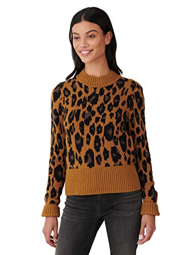 Lucky Brand Women's Long Sleeve Crew Neck Leopard Intarsia Sweater, Camel Heather, L