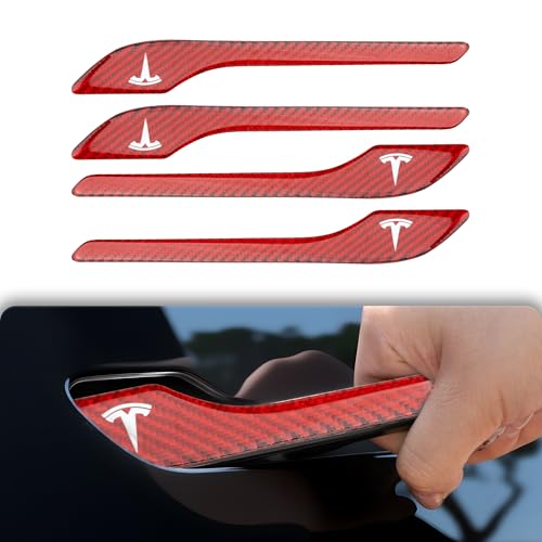 Polwlamks 4 Pack Door Handle Cover Fits Model Y/Model 3, Real Carbon Fiber Handle Cover Sticker, 3D Tesla Door Handle Protector Wrap Covers with 3M Self-Adhesive Backing, Tesla Red Accessories