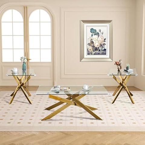 AF ARTISAN FURNITURE Gold Glass Coffee Table and End Table Set of 3, Coffee Table Set with Tempered Glass & Gold Geometric Metal Legs, 3 Piece Living Room Table Set for Bedroom Home Office Cover