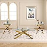 AF ARTISAN FURNITURE Gold Glass Coffee Table and End Table Set of 3, Coffee Table Set with Tempered Glass & Gold Geometric Metal Legs, 3 Piece Living Room Table Set for Bedroom Home Office