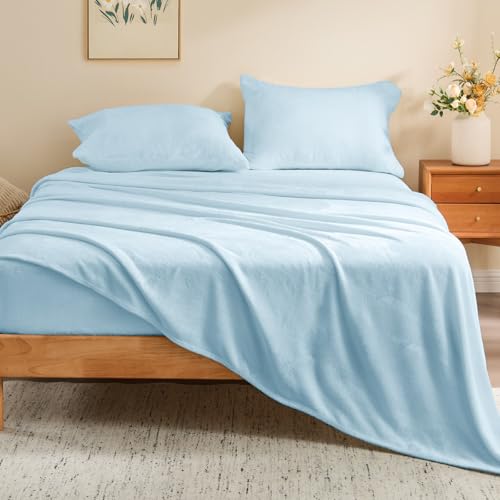 Image of BEDELITE Flannel Sheets King Size Blue - Super Soft Fleece Sheets Set Fluffy Extra Plush, 4 Piece(Include Fitted Sheet, Flat Sheet, 2 Pillowcases)