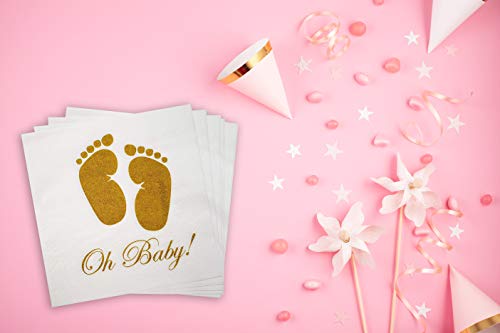 Clearance.. Baby Shower Napkins - Oh Baby Gold Feet Design for Boy and Girl, 100 Pack, 3-Ply, White Paper, Disposable Tableware Decorations Supply for Cocktail Dinner Lunch Birthday - Thumbnail 4