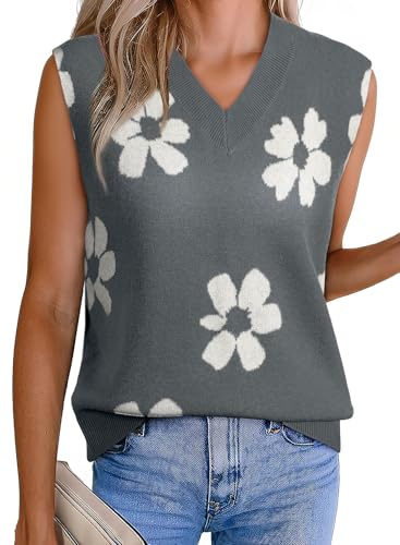 EVALESS Sweater Vest Women V Neck Cap Sleeve Knit Sweaters Summer Fall Floral Print Sweater Vest Tops Pullover Sweaters