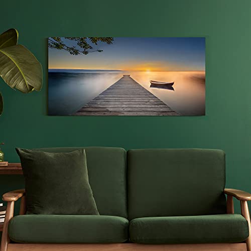 Wallsup Decor Pier Canvas Wall Art Painting - Lake Dock Sunset Scene Picture With Boat Landscape Bridge Boardwalk Calming Nature Artwork Painting For Home Hallway Living Room #TOP3