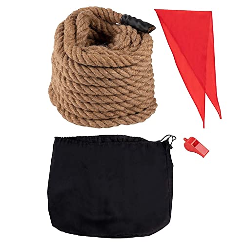 BLUE PANDA Field Day Tug of War Rope - 50 ft Brown Jute - Team Building Activity & Summer Camp Outdoor Rope with Flag & Whistle for Relay Race, Sack Race & Obstacle Course for Adults