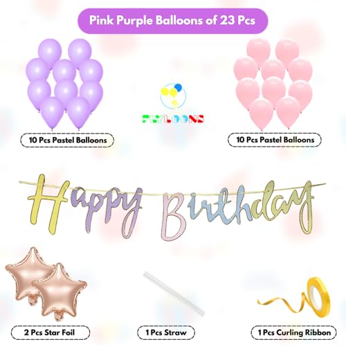 Image of Flyloons Happy Birthday Decoration Kit Pink Purple White for Baby Boys Girls Kids Twins Men Women With 20 Pcs Pastel Balloons Birthday Banner 2 Pcs Star Items Set