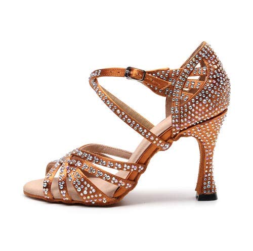 Social Dance Shoes,Latin Dance Shoes, Women's Peep Toe Cross Strap Rhinestones Latin Tango Ballroom Modern Dance Shoes Wedding Social Party Sandals (Color : Brown, Size : 38Eu) #TOP1