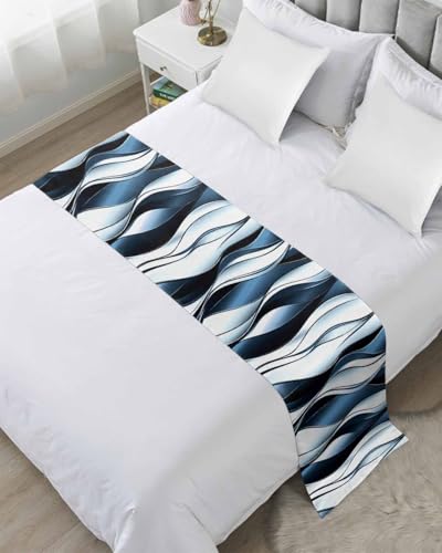 King Bed Runner Navy Blue Gradient Stripes Bedding Runner Scarves Decorative Bed Scarf, Twist Abstract Line Soft Bed Runners for Bedroom Hotel Wedding 102x20in
