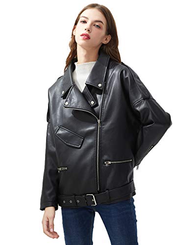 LY VAREY LIN Women Black Faux Leather Jackets Zipper Casual Short Coat Turn-down Collar Motor Biker Jacket with Belt3