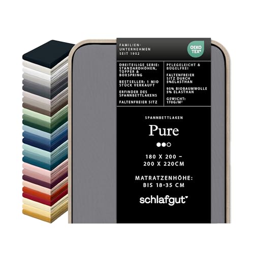 schlafgut Pure Spannbettlaken 95% Bio Baumwolle & 5% Elasthan Made in Green by Oeko TEX (180x200cm bis 200x220cm Matratzenhöhe von 18 bis 35 cm, Grey Mid)