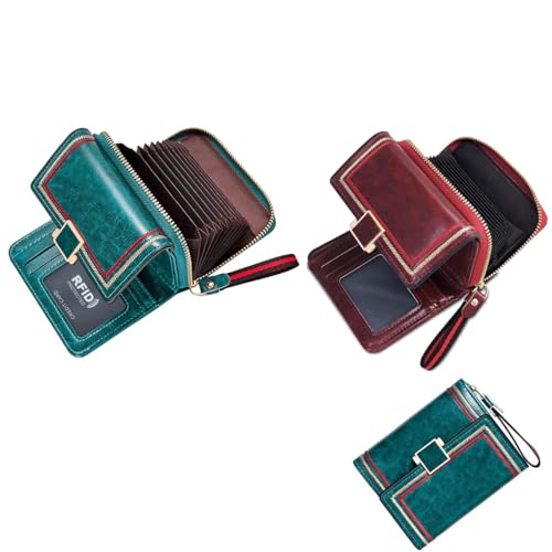 Image of PALAY 2Pcs Small Wallet for Women Bi-Fold Pu Leather Wallets with RFID Blocking Vintage Large Capacity Card Bag Wallets Stylish Mini Purse Ladies Wallet Birthday Gifts for Women, Mom - Green & Red
