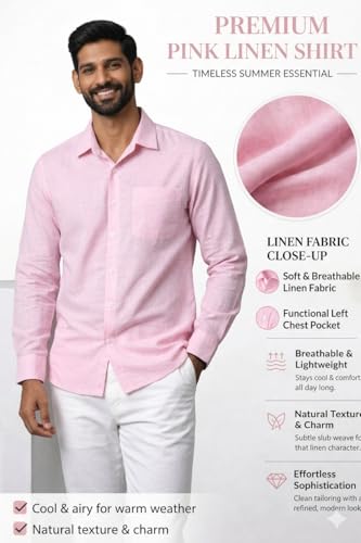 Image of Men's Linen Blend Shirt | Breathable Summer Shirt for Men | Full Sleeve Casual | Classic Fit Solid | Lightweight Comfortable | Summer Classics Collection