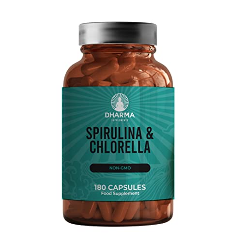 DHARMA Espirulina y Chlorella Orgánica 1800 mg | 100% naturales | 180 Cápsulas Veganas | Potente Efecto Saciante y Detox - Máxima Energía y Fuerza, Reduce Cansancio y Fatiga | No-GMO | Sin aditivos